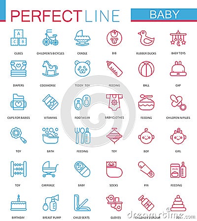 Baby care toys, kid feeding color thin line web icons set. Vector Illustration