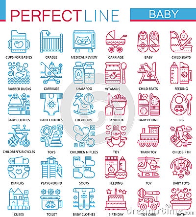 Baby care toys, kid feeding concept symbols. Perfect color thin line icons. Modern linear style illustrations set. Vector Illustration