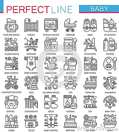 Baby care toys, kid feeding concept symbols. Perfect stroke thin line icons. Modern linear style illustrations set. Vector Illustration