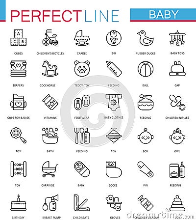 Baby care toys, kid feeding thin line web icons set. stroke outline icon design. Vector Illustration