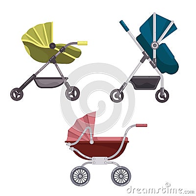 Baby carriage or buggy, folding stroller icons Vector Illustration