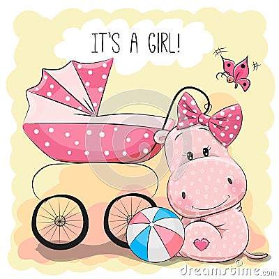 Baby carriage and hippo Vector Illustration