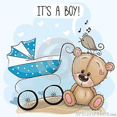 Baby carriage and Teddy Bear Vector Illustration