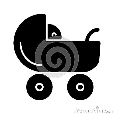 Baby carriage vector icon. Black and white pram illustration. Solid linear newborn icon. Vector Illustration