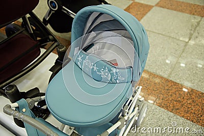 Baby carriages of different models and colors Stock Photo