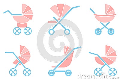 Baby carriages and strollers icons set Vector Illustration