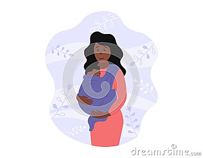 Baby carrier. Happy african american mother holding newborn in sling. Child is wrapped in babycarrier and sleeping. Vector flat Vector Illustration