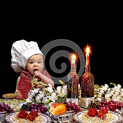 Baby Chef at Italian Dinner Stock Photo