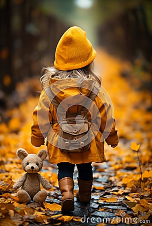 A baby child with coat walking. A little girl walking down a path with a teddy bear Stock Photo