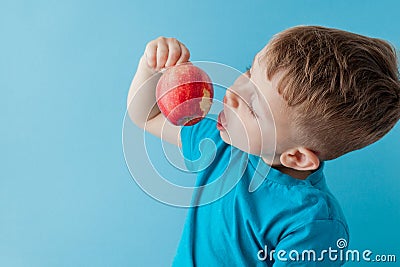 Baby child holding and eating red apple on blue background, food, diet and healthy eating concept Stock Photo