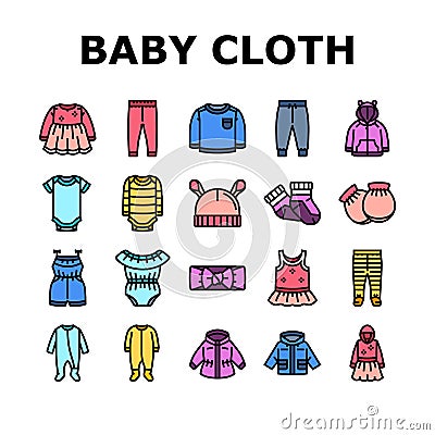 baby child infant fashion cloth icons set vector Cartoon Illustration