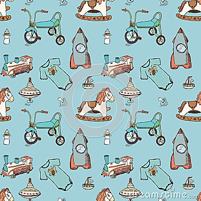 Baby, child toys hand drawn elements seamless pattern. Skeched doodle elements train, bicycle, horse, rocket and toy ship. Vector Illustration