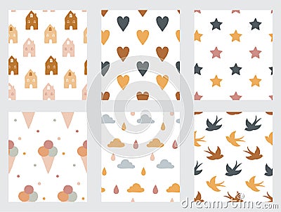 Baby and children seamless patterns with rainbow, lemons, ice creams, stars and hearts. Vector design Vector Illustration