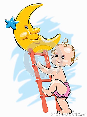 Baby climbing on moon at night through ladder Stock Photo