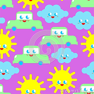 Baby cloth Cute pattern. funny sun and cloud and car cartoon style background. kids character texture. Childrens style Vector Illustration