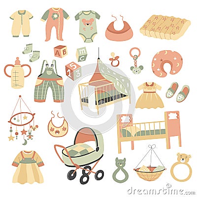 Baby clothes and furniture, children store vector Vector Illustration