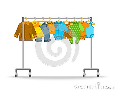 Baby clothes on hanger rack flat illustration Vector Illustration