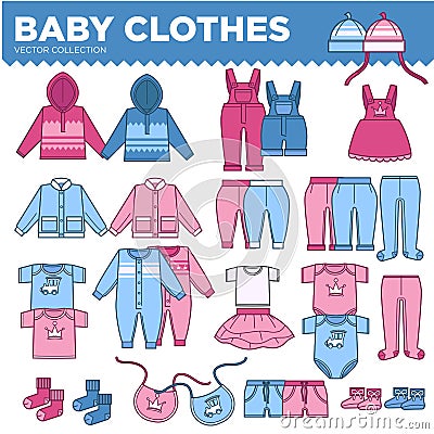 Baby clothes for little boys and girls collection. Vector Illustration