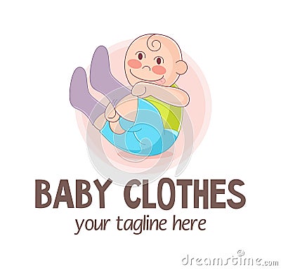 Vector illustration of funny independent child putting on socks. Baby Clothes Logo. Kids store mascot. Design for print, emblem, t Vector Illustration