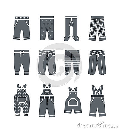 Baby clothes pants jeans overalls solid silhouette icons Vector Illustration