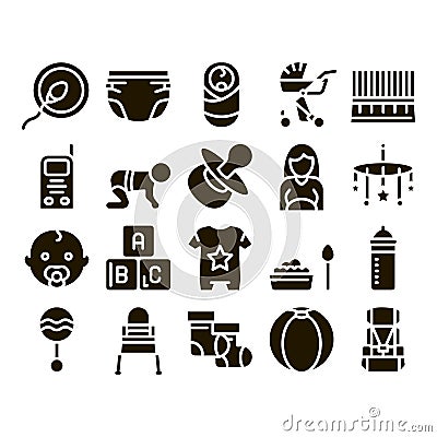 Baby Clothes And Tools Glyph Set Vector Vector Illustration