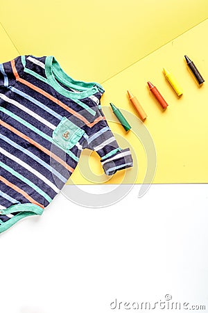 Baby clothes and toys on white background top view mock up Stock Photo