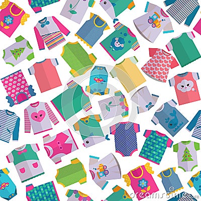 Baby clothes vector illustration seamless pattern. Kids clothing garments underwear, bodysuits, shirts, dresses Vector Illustration