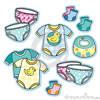 Baby clothing and accessories onesies diapers bib socks Vector Illustration