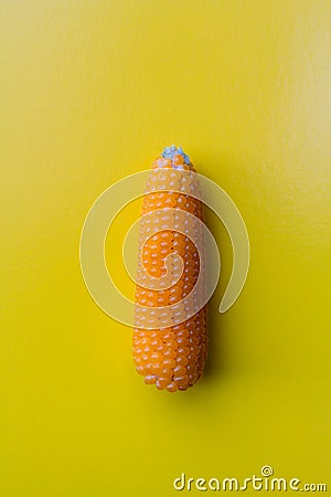 Baby corn vertical position on yellow background Stock Photo