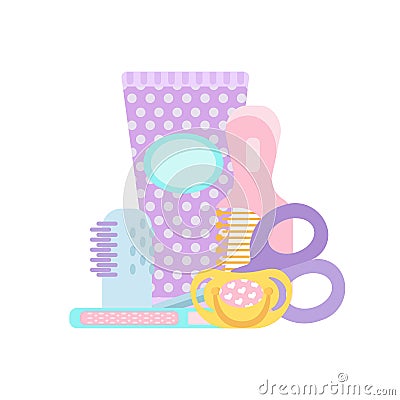 Baby cosmetic and accessories in cute colors Vector Illustration