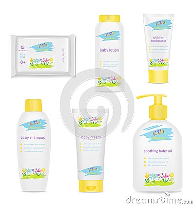 Baby cosmetic tubes with colorful kids design. Vector Vector Illustration