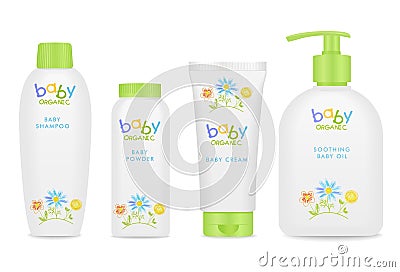 Baby cosmetic tubes with kids design. Vector Vector Illustration