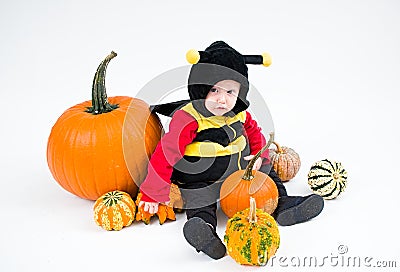 Baby in costume with pumpkins on white background Stock Photo