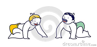 Baby Couple Little Boy and Girl in Diapers Crawl on Floor. Cute Children Male and Female Cute Brother and Sister Toddler Vector Illustration