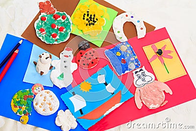 Baby crafts from play dough and paper, early eduction Stock Photo