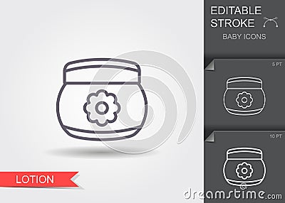 Baby cream, lotion. Line icon with editable stroke with shadow Vector Illustration