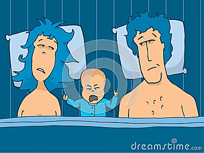 Baby crying in bed between his parents Vector Illustration