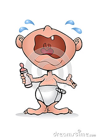 Baby crying hold bottle Stock Photo