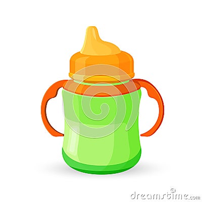 Baby cup bottle green orange translucent drinking bowl with milk Vector Illustration