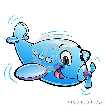 Baby cute cartoon blue airplane character with propeller flying Stock Photo