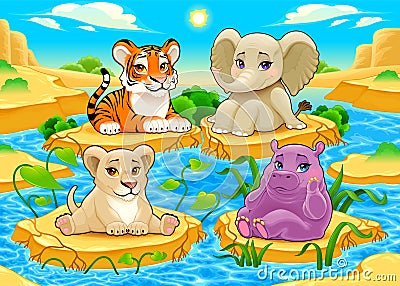 Baby cute Jungle animals in a natural landscape Vector Illustration