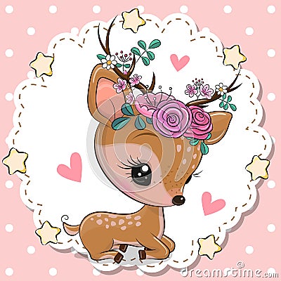 Baby Deer with flowers and hearts on a pink background Vector Illustration