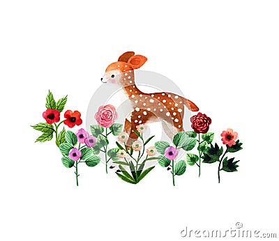 Watercolor postcard with naive meadow flowers and baby deer Cartoon Illustration