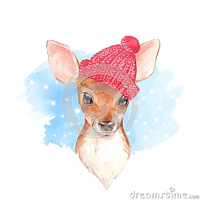 Baby Deer, hat. Hand drawn cute fawn. Watercolor illustration Cartoon Illustration