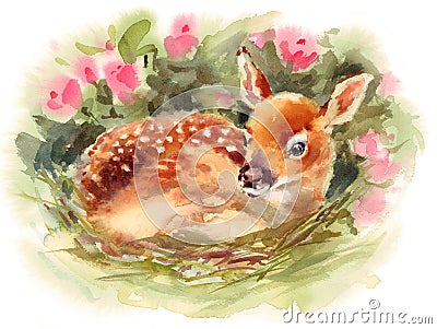 Baby Deer surrounded by flowers Watercolor Fawn Animal Illustration Hand Painted Cartoon Illustration