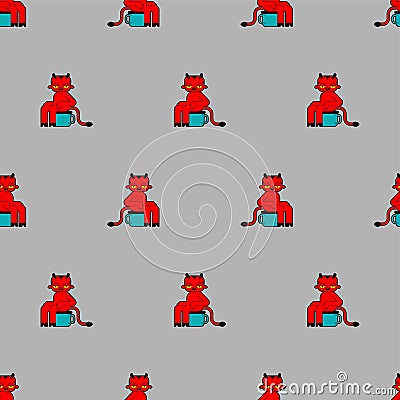 Baby demon pattern seamless. Little red devil background. small fiend on potty toilet ornament. Childrens cloth texture Vector Illustration