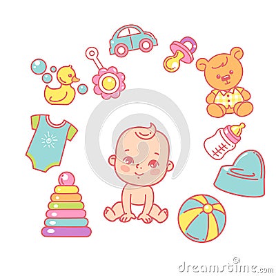 Baby design template. cute little baby boy sitting, wear diaper Vector Illustration