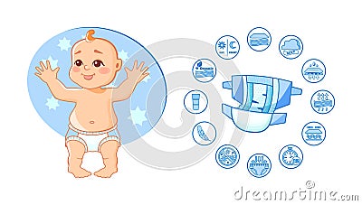 Baby diaper infographic characteristics poster. Childish protective disposable hygienic underwear Vector Illustration