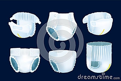 Baby diaper. Realistic 3D nappy. Breathable underpants. Underclothes set for patients and children urinary incontinence Vector Illustration