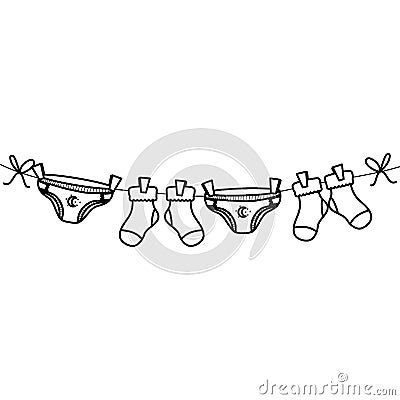 Baby diapers and socks clothes hanging in wire Vector Illustration